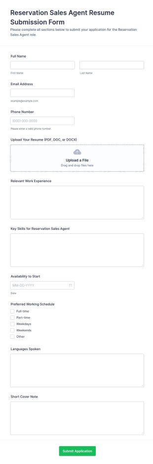 Reservation Sales Agent Resume Submission Form Template