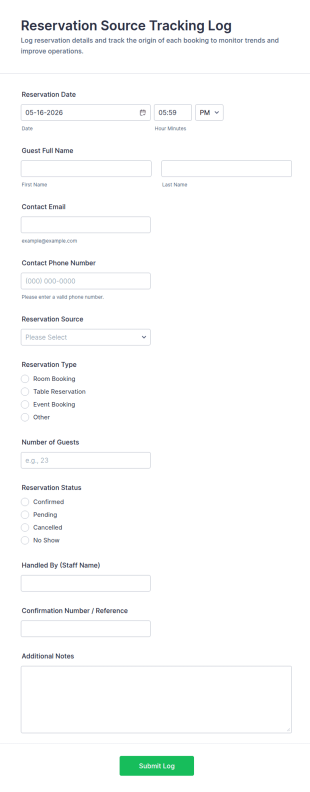 Reservation Source Tracking Log Form Template