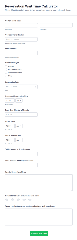 Reservation Wait Time Calculator Form Template