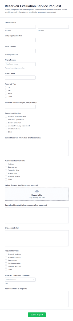 Reservoir Evaluation Service Request Form Template