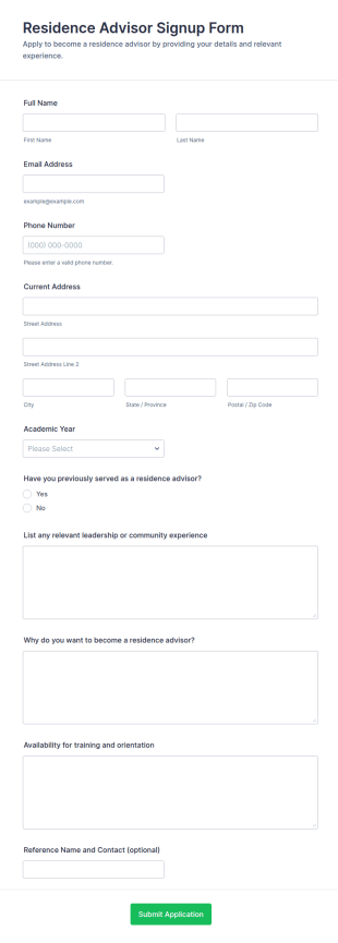 Residence Advisor Signup Form Template