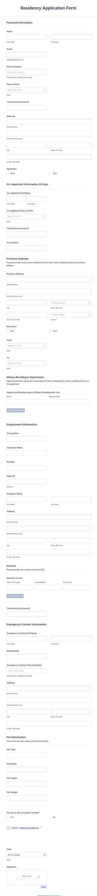 Residency Application Form Template