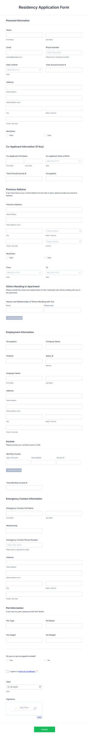 Residency Application Form Template