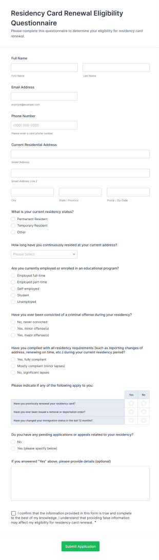 Residency Card Renewal Eligibility Questionnaire Form Template