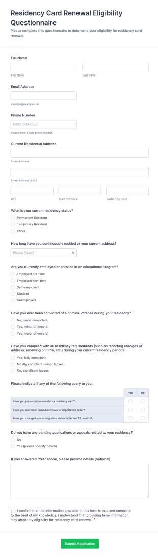 Residency Card Renewal Eligibility Questionnaire Form Template