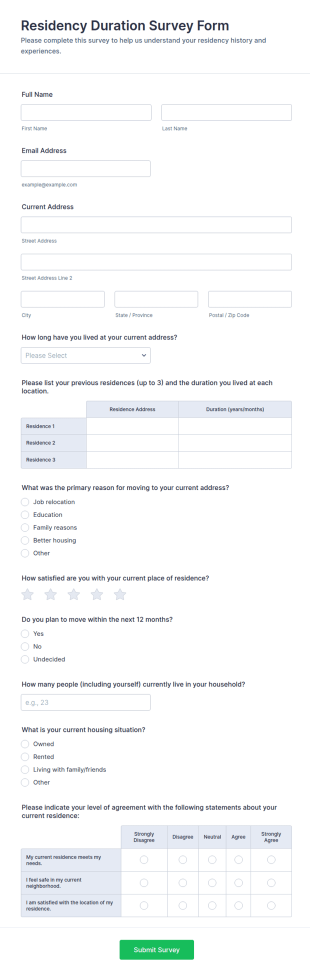 Residency Duration Survey Form Template
