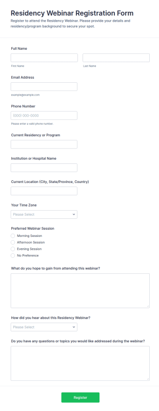 Residency Webinar Registration Form Template