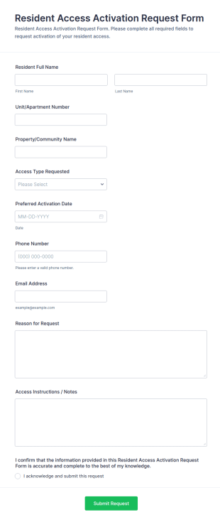Resident Access Activation Request Form Template