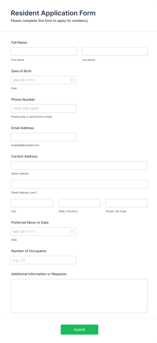 Resident Application Form Form Template