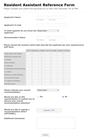 Resident Assistant Reference Form Template
