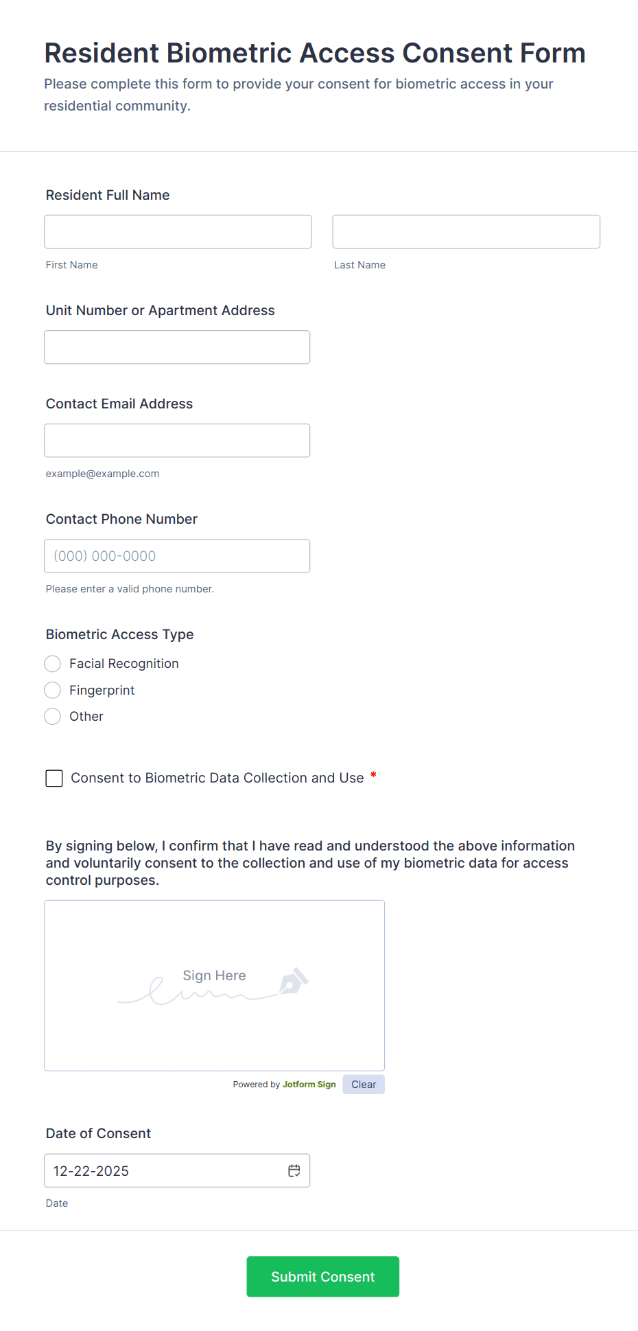 Resident Biometric Access Consent Form Template | Jotform