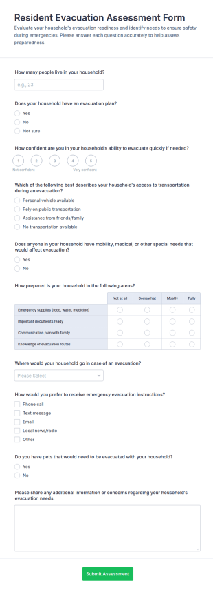 Resident Evacuation Assessment Form Template