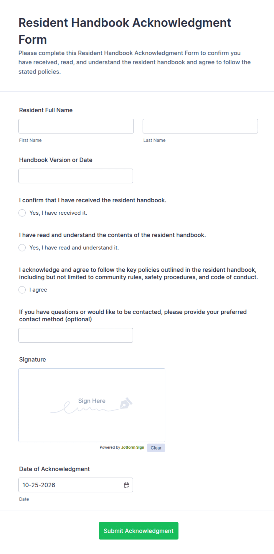 Resident Handbook Acknowledgment Form Template | Jotform