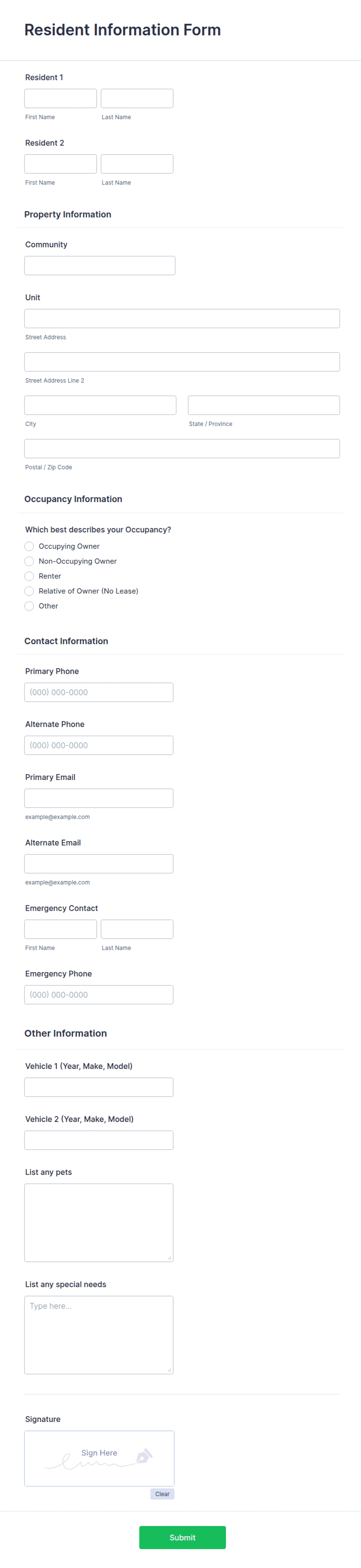 Resident Information Form Template | Jotform