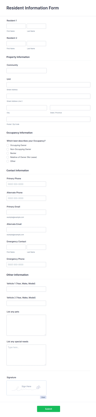 Resident Information Form Template