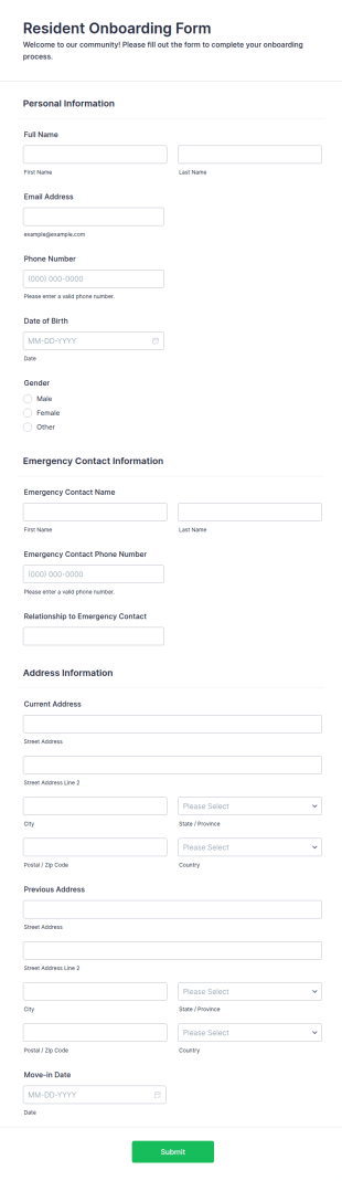 Resident Onboarding Form Template