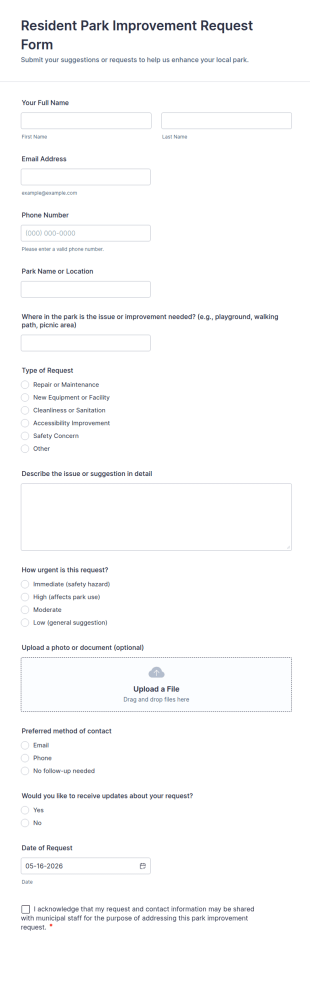 Resident Park Improvement Request Form Template