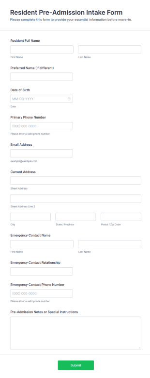 Resident Pre Admission Intake Form Template