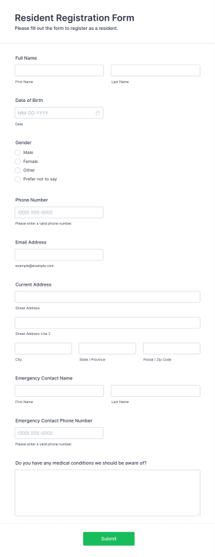 Resident Registration Form Form Template