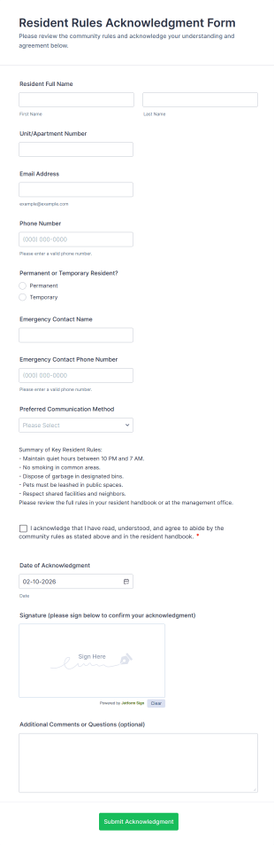 Resident Rules Acknowledgment Form Template