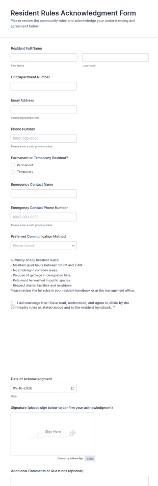 Resident Rules Acknowledgment Form Template