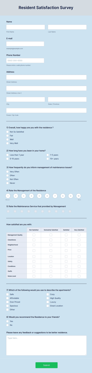 Resident Satisfaction Survey Form Template