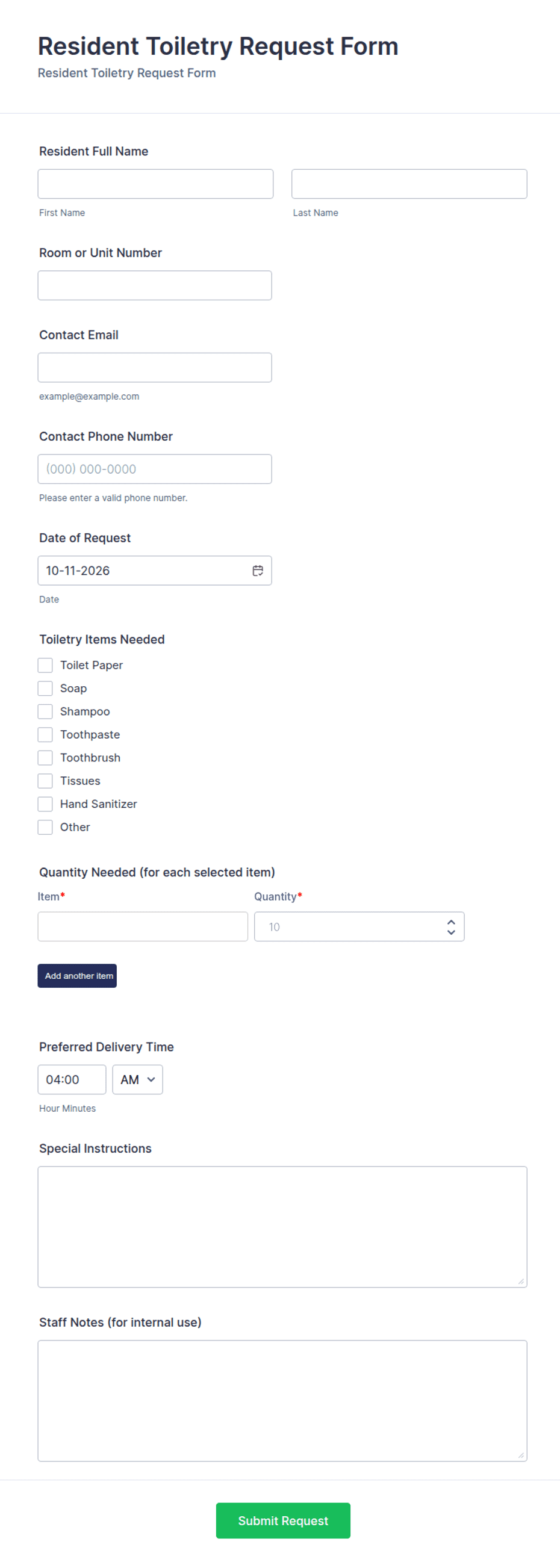 Resident Toiletry Request Form Template | Jotform