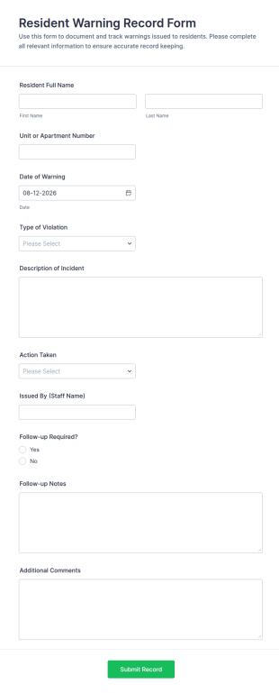 Resident Warning Record Form Template