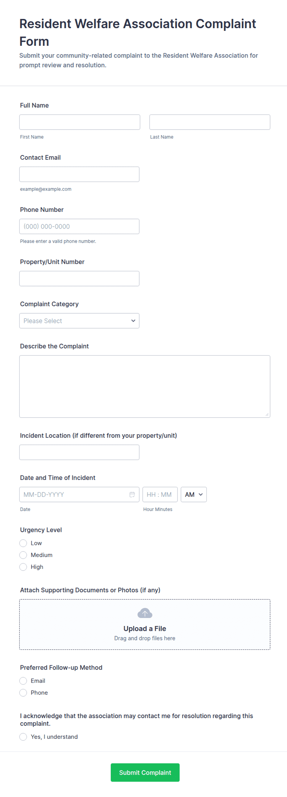 Resident Welfare Association Complaint Form Template | Jotform