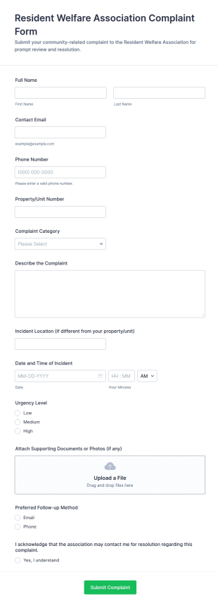 Resident Welfare Association Complaint Form Template