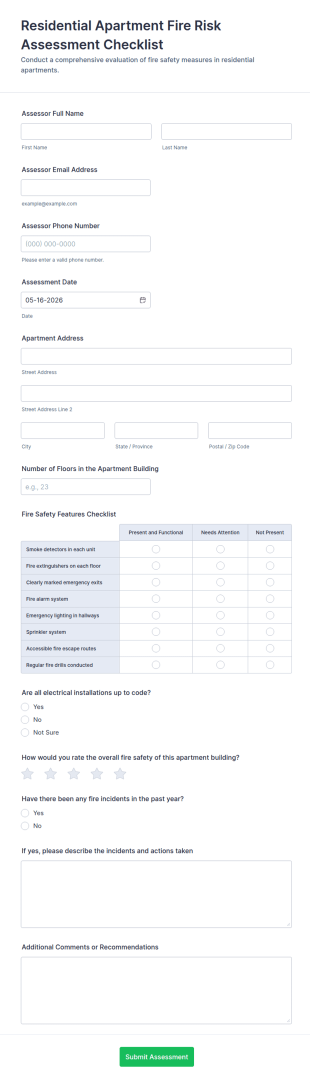 Residential Apartment Fire Risk Assessment Checklist Form Template