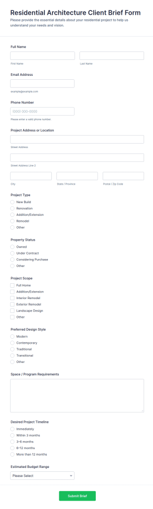 Residential Architecture Client Brief Form Template