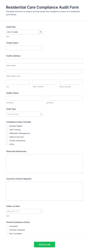Residential Care Compliance Audit Form Template
