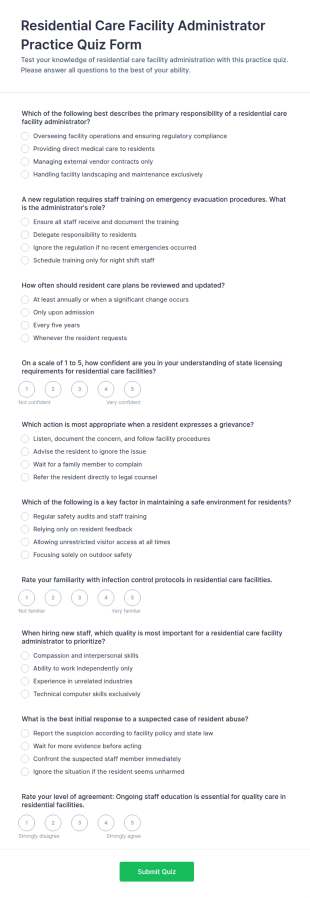 Residential Care Facility Administrator Practice Quiz Form Template
