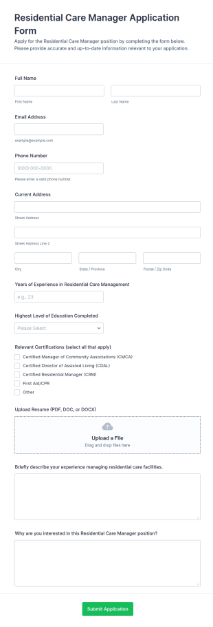 Residential Care Manager Application Form Template