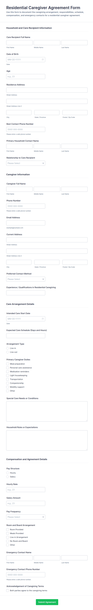 Residential Caregiver Agreement Form Template