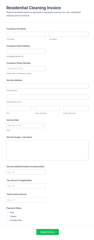 Residential Cleaning Invoice Form Template