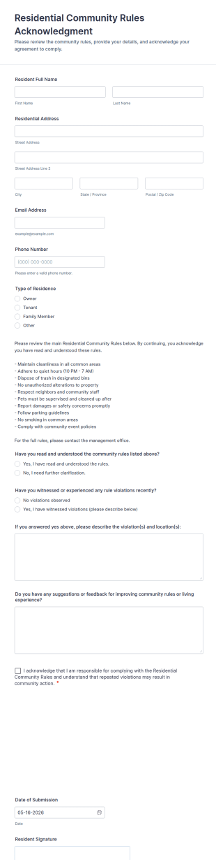 Residential Community Rules Acknowledgment Form Template