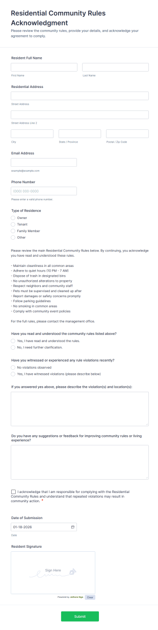 Residential Community Rules Acknowledgment Form Template