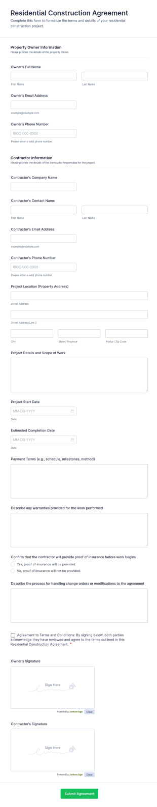 Residential Construction Agreement Form Template