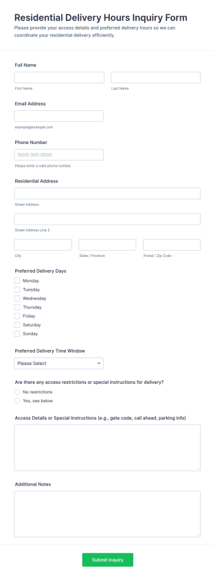 Residential Delivery Hours Inquiry Form Template