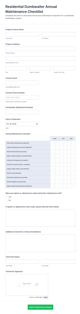 Residential Dumbwaiter Annual Maintenance Checklist Form Template
