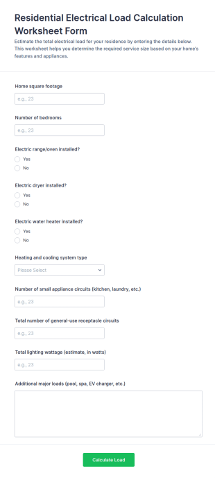 Residential Electrical Load Calculation Worksheet Form Template