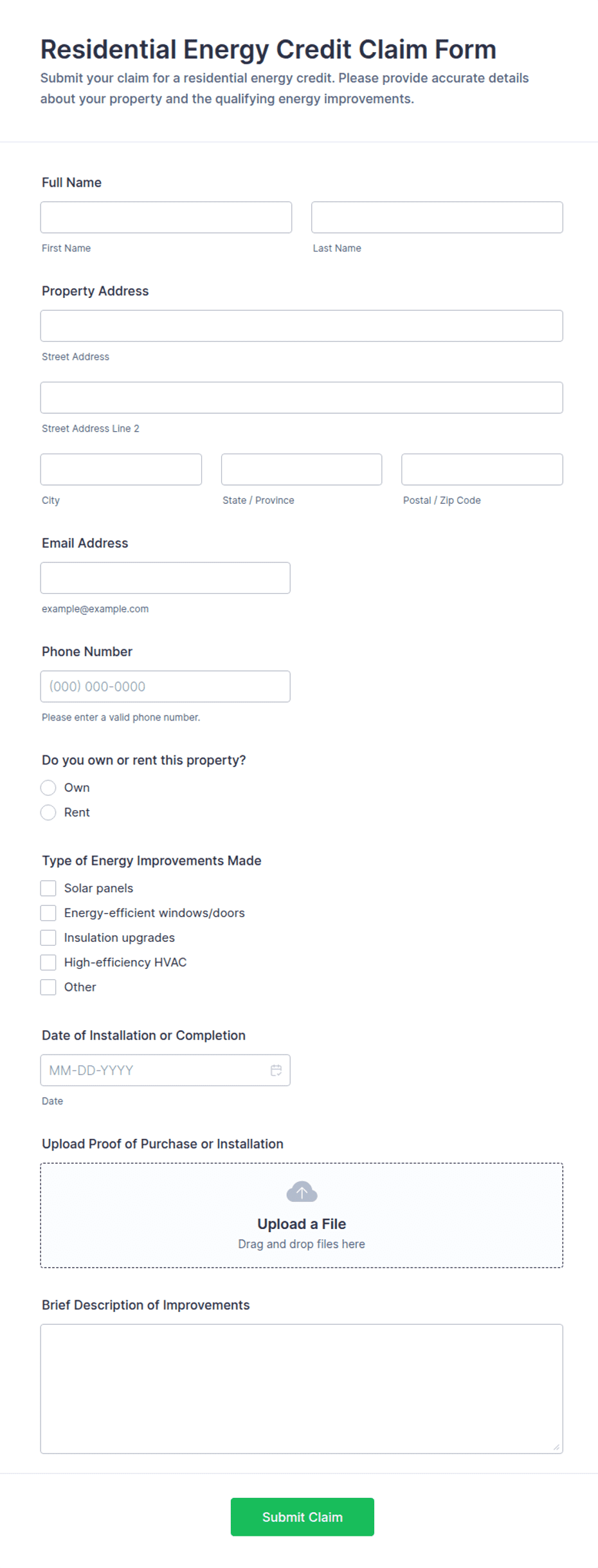 Residential Energy Credit Claim Form Template | Jotform