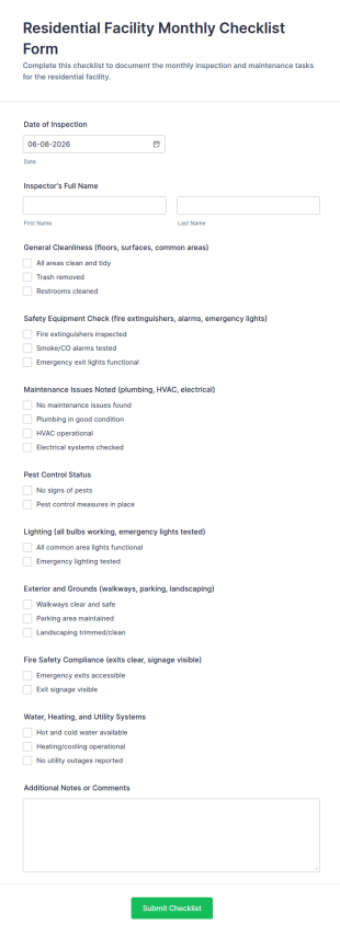 Residential Facility Monthly Checklist Form Template