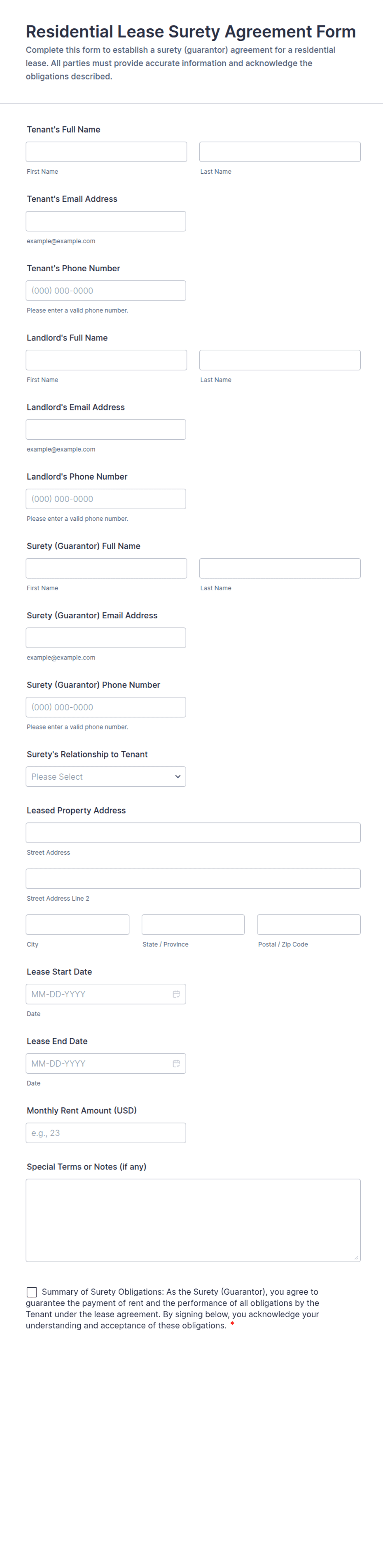 Residential Lease Surety Agreement Form Template | Jotform