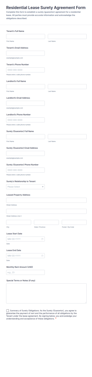 Residential Lease Surety Agreement Form Template