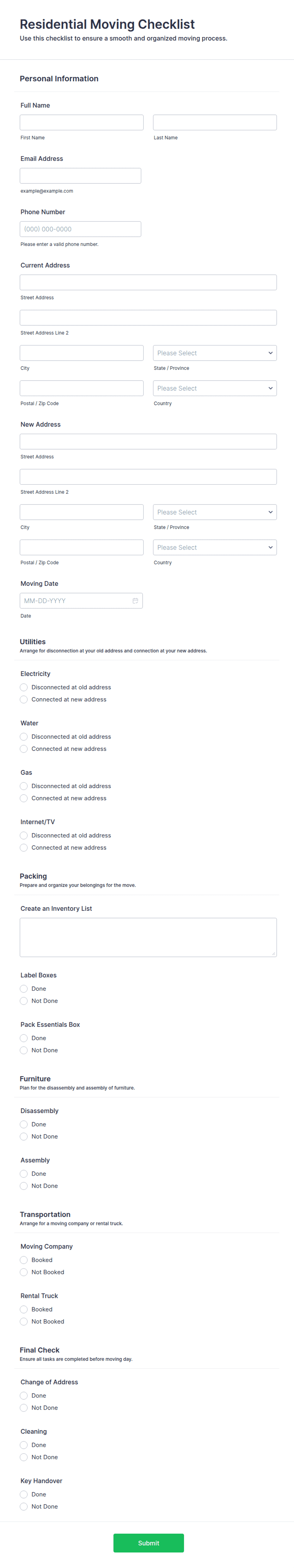 Residential Moving Checklist Form Template | Jotform