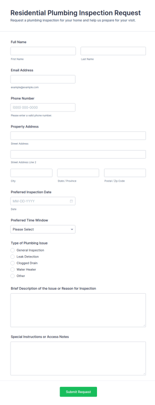 Residential Plumbing Inspection Request Form Template