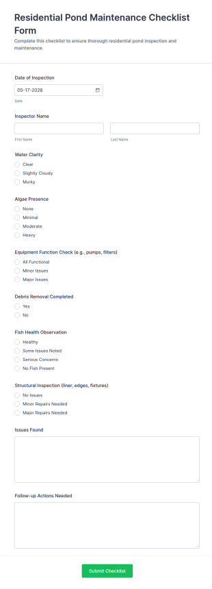 Residential Pond Maintenance Checklist Form Template